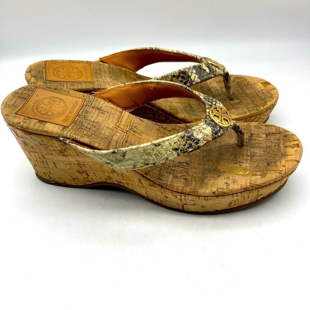 Tory Burch‎ Thora Shake Print Leather/Cork Wedge Sandals Size 7,5